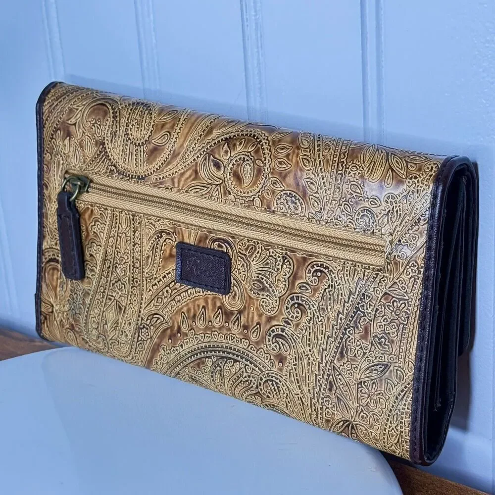 Relic TriFold Wallet Checkbook Insert Brown Paisley Saddle Tooled Leather Boho